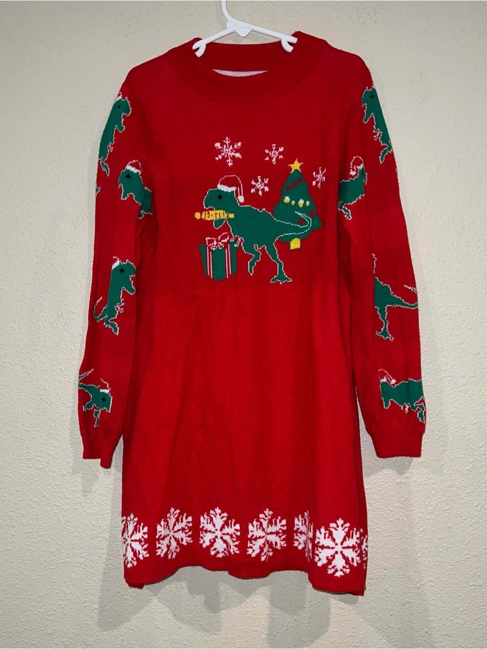 Girls Idgreatim red knit dinosaur Christmas sweater dress festive T Rex size xl